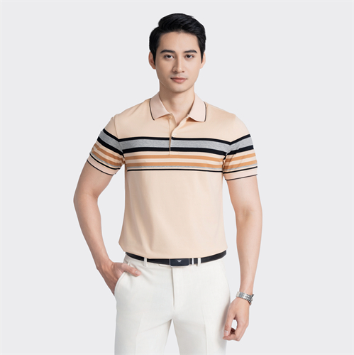 Áo thun polo ngắn tay Aristino Business 1PS002AZ màu Be 59 kẻ Jacquard