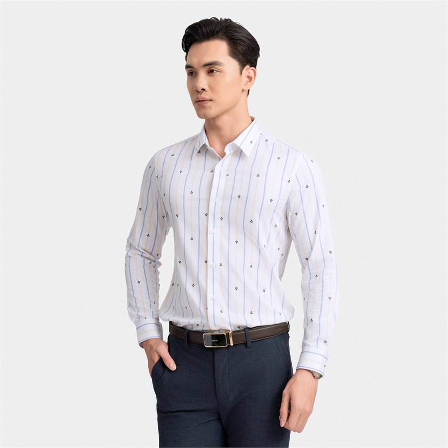 Áo sơ mi dài tay Aristino dáng Slim fit ALS2000Z màu Trắng in sọc xanh vàng