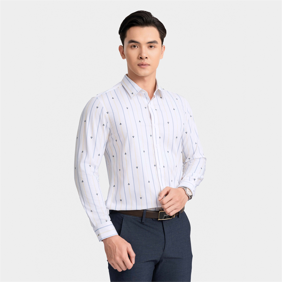 Áo sơ mi dài tay Aristino dáng Slim fit ALS2000Z màu Trắng in sọc xanh vàng