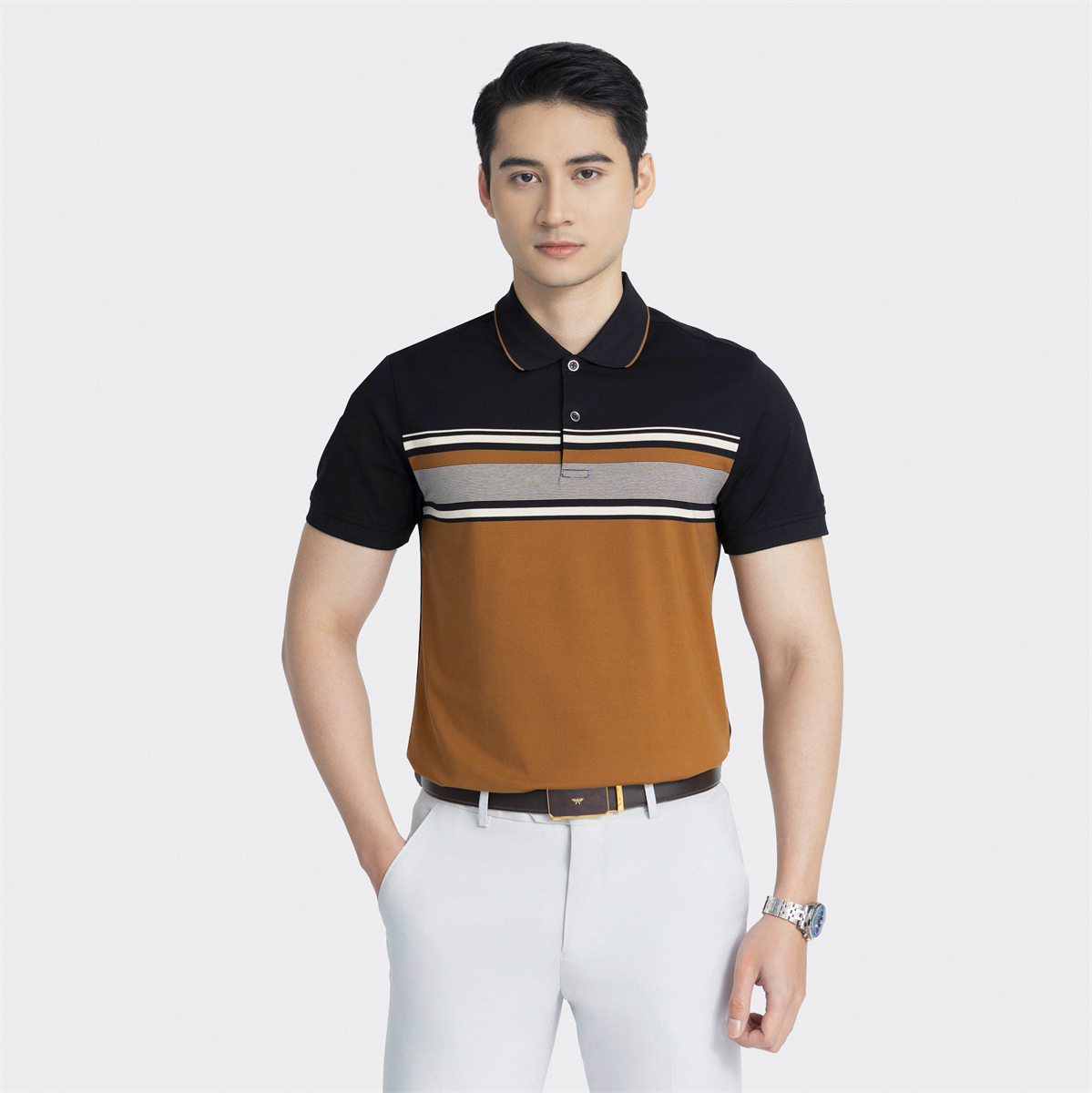 Áo polo Nam Aristino Business 1PS001AZ màu Nâu 43 kẻ Jacquard